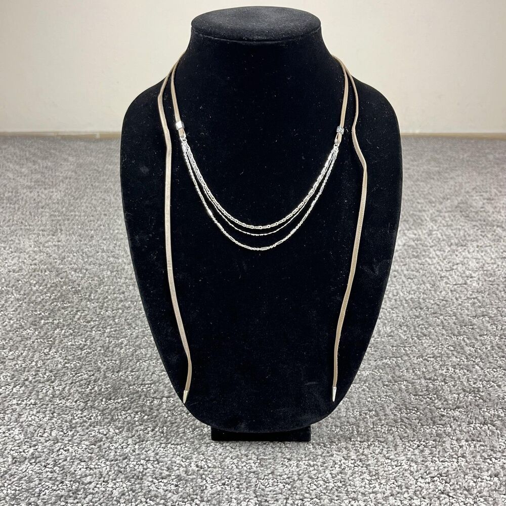 Stella Dot Lariat Layered Leather Necklace Silver Tone Women Jewelry Adjustable